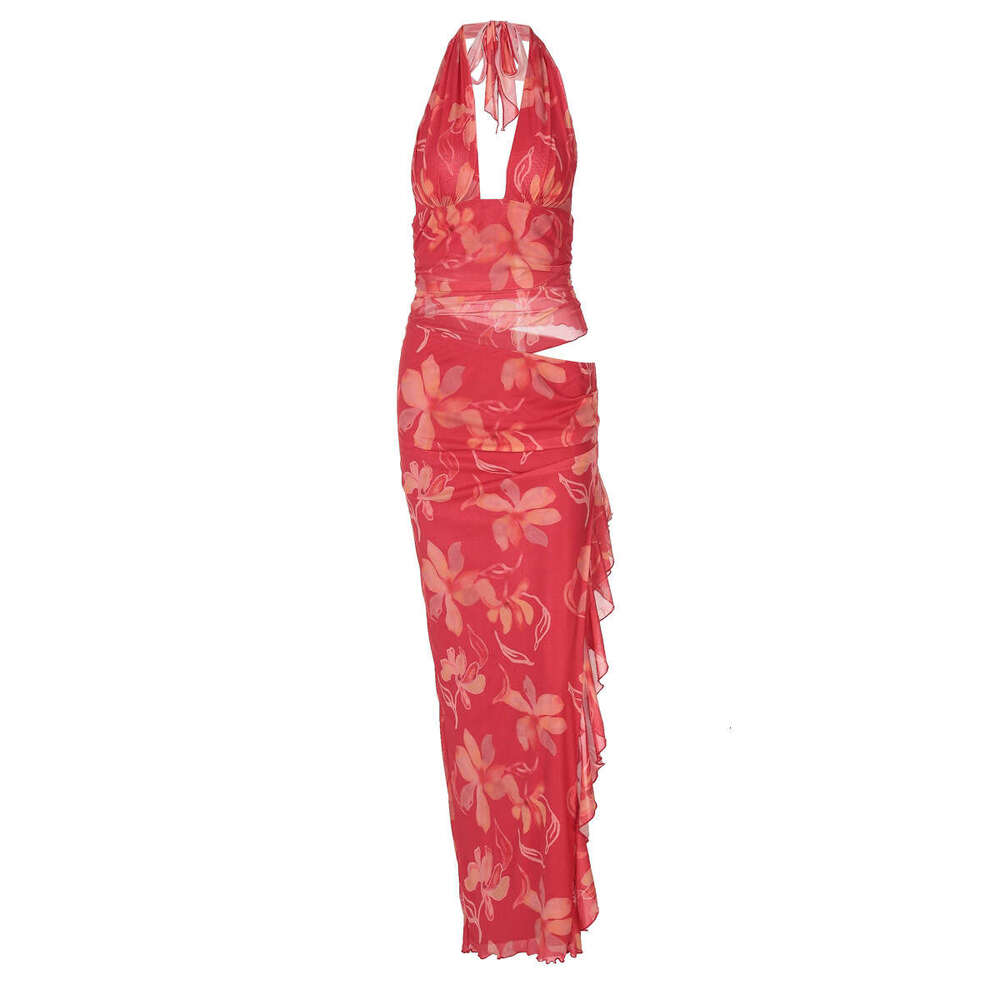 Amazon Cross-Border New Women's Fashion Sexy Deep V Chest Wrap Patchwork Waist-Exposing Long Ruffled Halter Dress For Women a0f7 - view 6