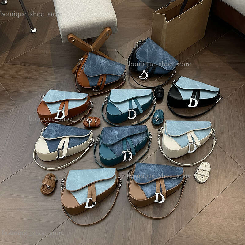 2025 New Women's Denim Pattern Trendy Color Block Saddle Fashionable Single Shoulder Crossbody Bag