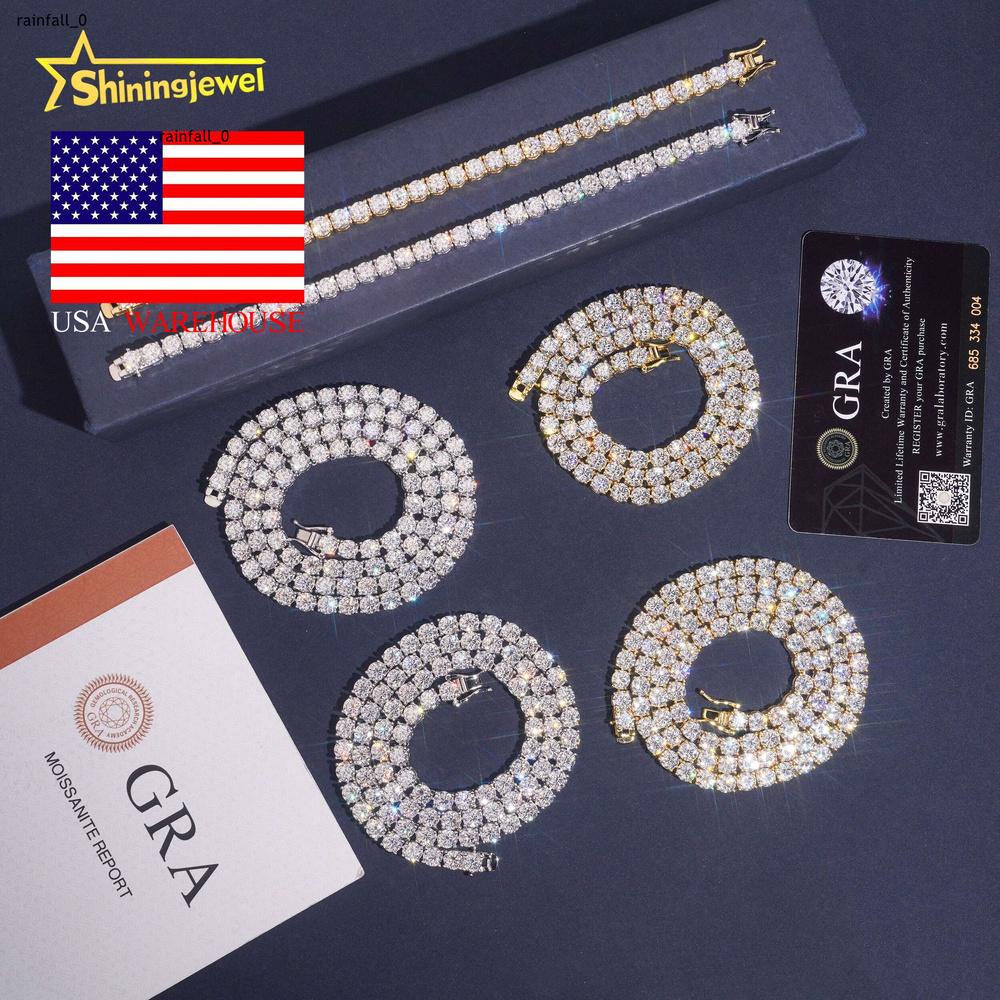 Hip Hop Iced Out 5mm Moissanite Tennis Necklace 925 Silver Men Women VVS Moissanite Tennis Chain Shipped From USA Warehouse