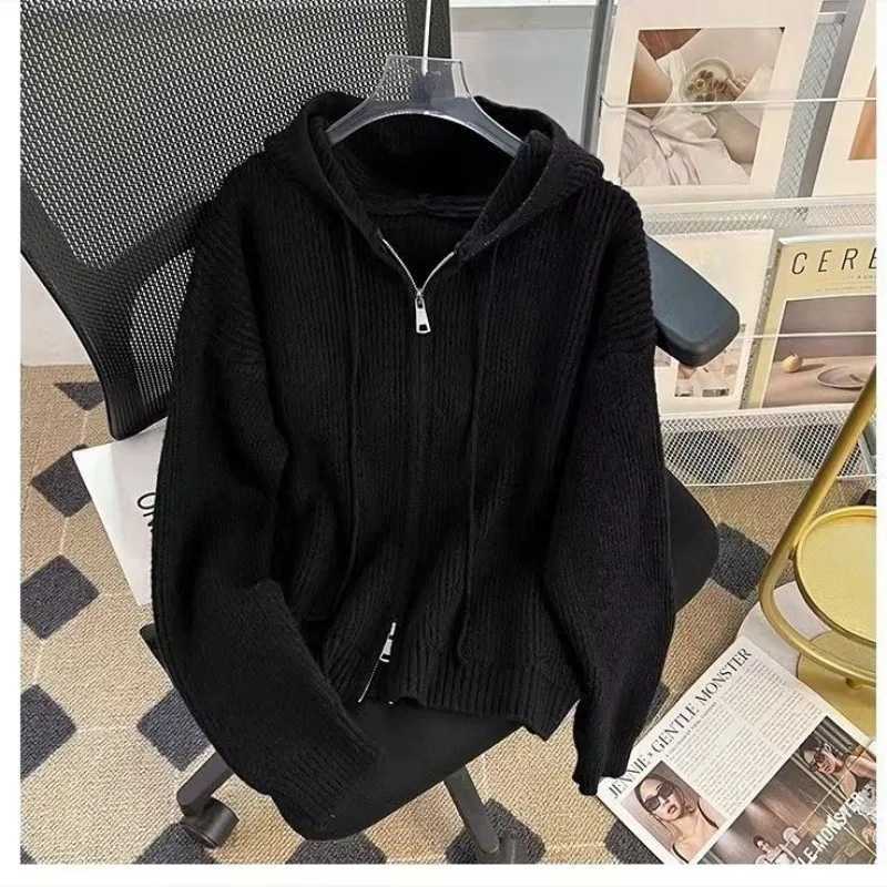 Loose and lazy zipper age reducing outer sweater womens cardigan early spring new Korean version hooded knitted sweater jacketT251101