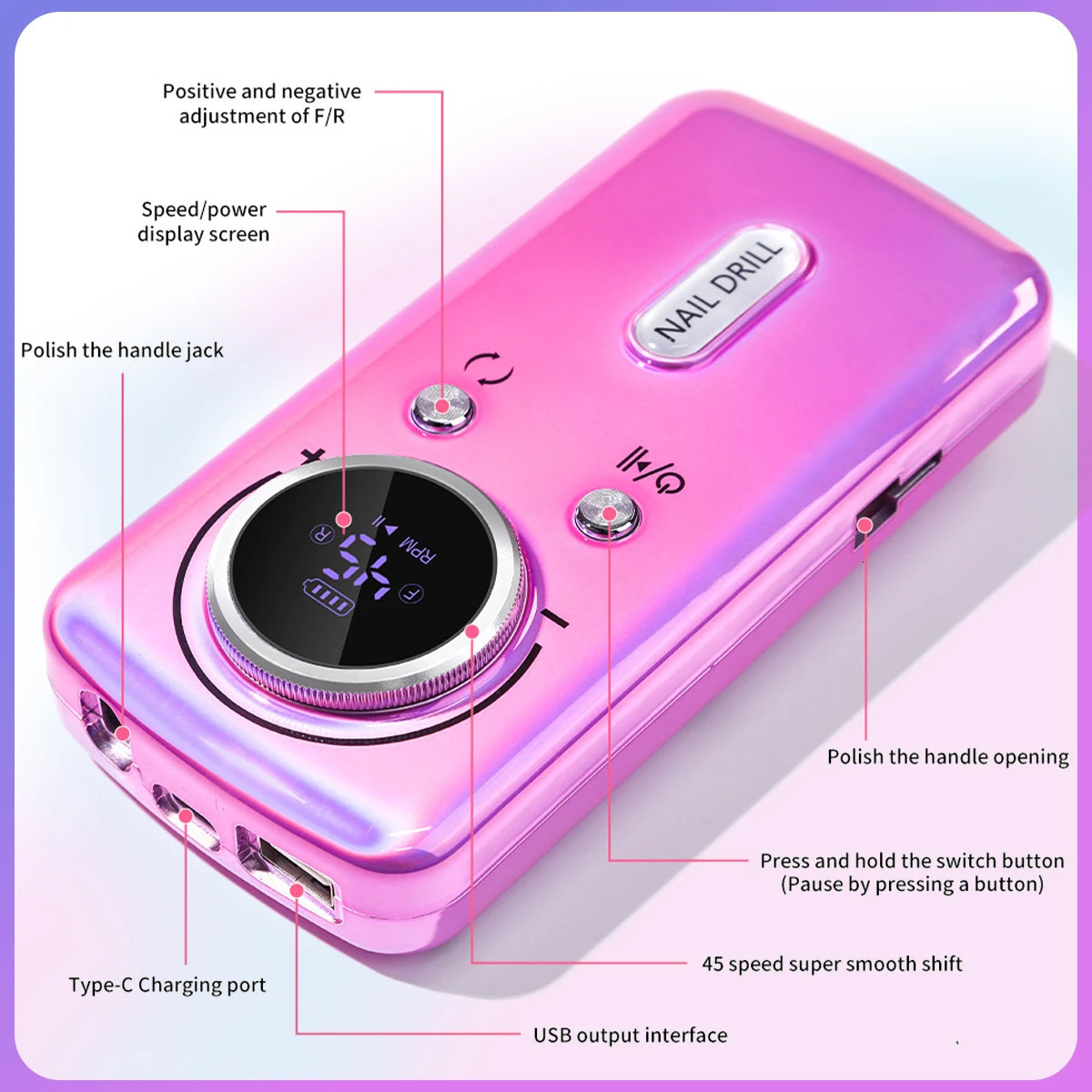 45000RPM Electric Nail Drill Machine Professional Nail Drills For Gel Nails Polish Rechargeable Portable Nail File Manicure Tool 250409