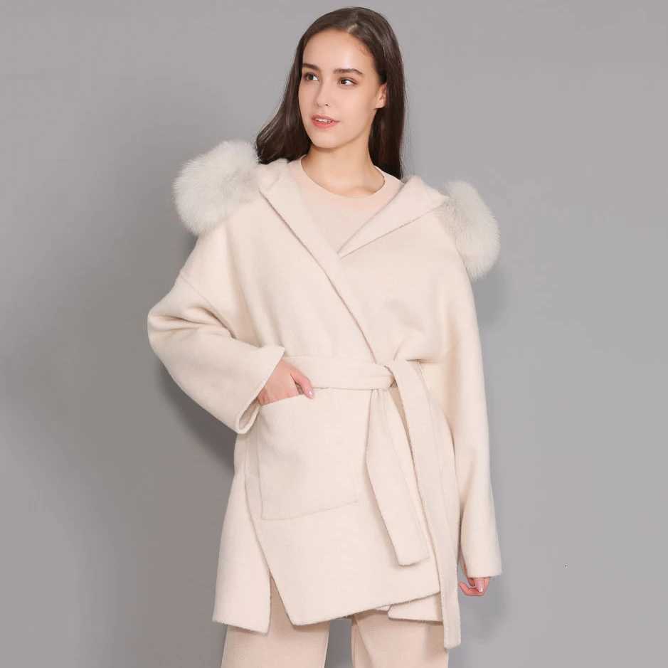 Jxwatcher Wool Coat and Blends Fashion Medium Length Cashmere Jacket Hooded 100 Real Fox Fur Collar Cuffs Winter Coat for WomenT251101