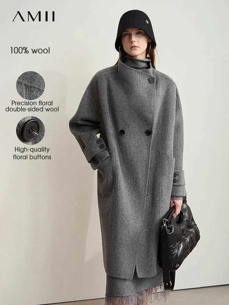 AMII Minimalism 100 Wool Doublesided Woolen Coat for Women 2024 Winter Commuter Raglan Sleeve Loose Long Outerwear 12424063T251101