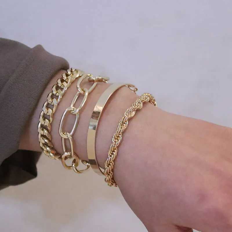 Boho Thick Gold Charm Bracelet 2021 New Jewelry 4pcs Punk Curve Cuban Chain Bracelet Set Womens Gift Y250329