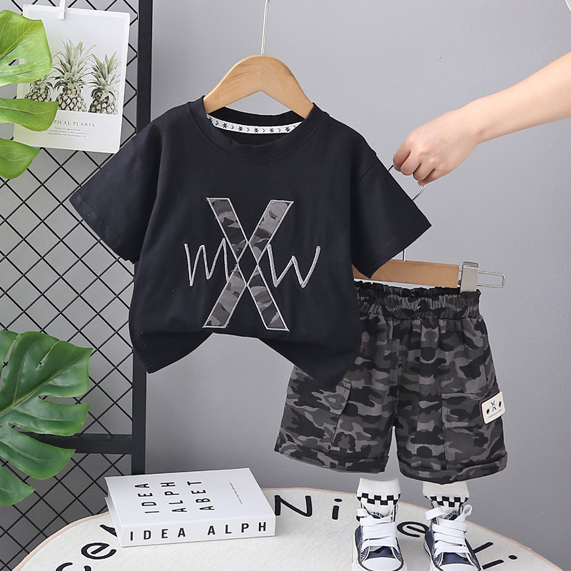 Boys Summer 2-Piece Set Embroidered Letter Print Short Sleeve Outfit Casual Toddler Clothes for 1-5T