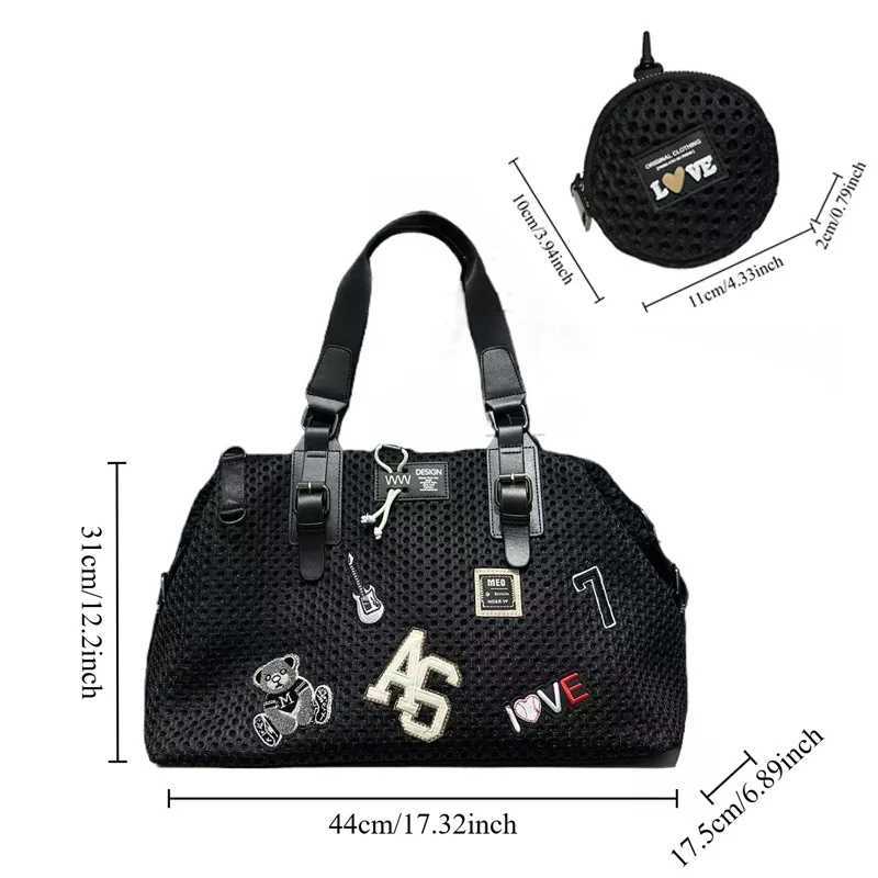 Fashionable womens mesh nylon adhesive tote bag large capacity splicing shoulder bag short distance travel casual handbagW251101