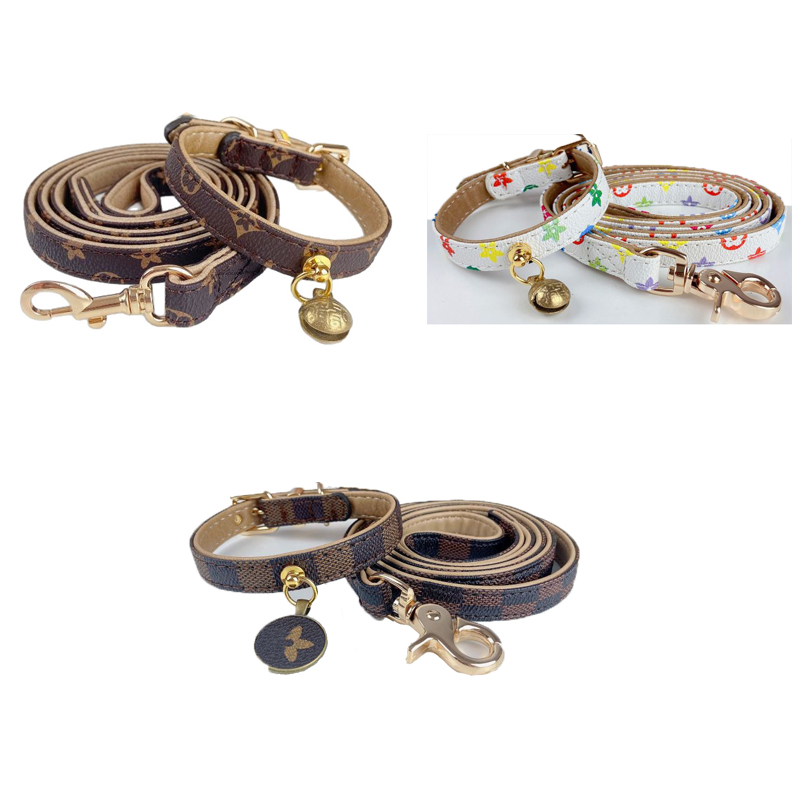 Premium PU Leather Designer Dog Collar & Leash Set Gold Hardware, Bell Charm, Adjustable for Cats/Small Dogs, 4 Patterns