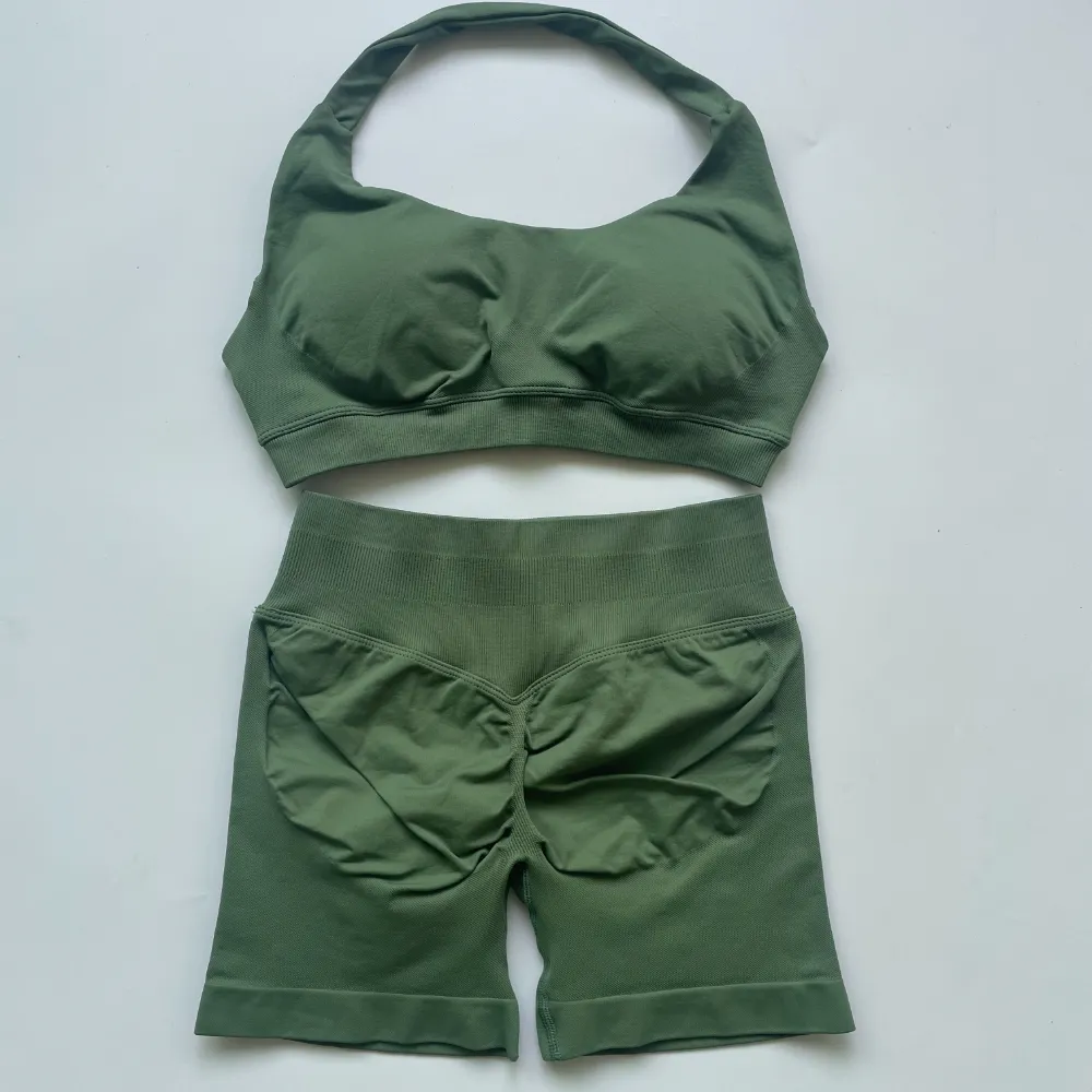 Impact Sport 2 Pieces Seamless Yoga Set Halter Bra Top High Waist Workout Scrunch Shorts Summer Fiess Clothes Gym Suit Outfit Active Wear
