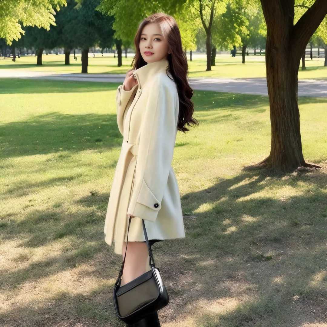 Stand Collar Laceup Coat 2024 New Autumn and Winter Highend Advanced Korean Style Woolen Coat Feminine for WomenT251101