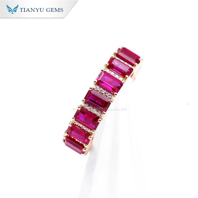 Tianyu Full Eternity Ruby Gemstone Wedding Band 3x5mm Emerald Cut Corundum Moissanite Diamond Engagement Bridal Rings