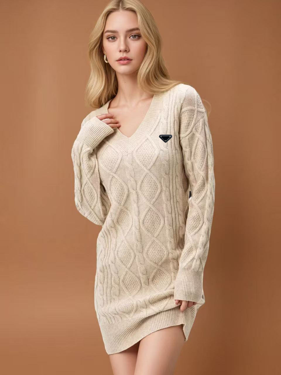 Fashion women's dress designer Autumn Winter New Mid-Length Sweater V-Neck Solid Color Knitted Fashion Casual Cable Knit Dress for woman 7Z8A