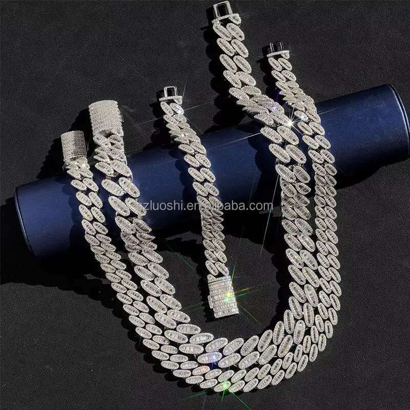 Hip Hop Jewelry 925 Silver Gold Plated 3 Rows 15MM Baguettes Iced Out Necklace Simulated Diamond Miami Cuban Link Chain