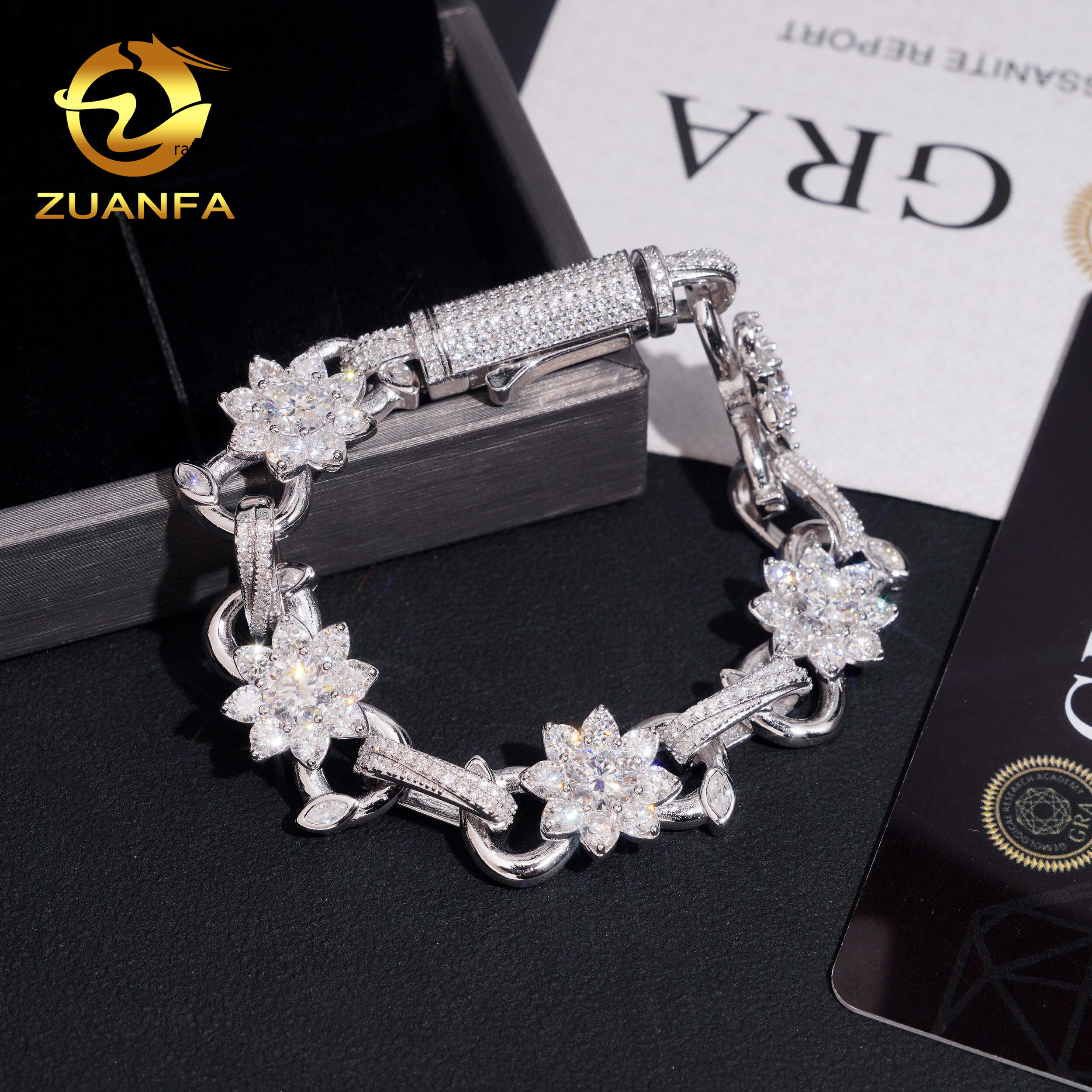 Hip Hop Jewelry 13mm Flower and Leaf VVS Moissanite Cuban Link Bracelet 925 Silver Moissanite Iced Out Bracelet for Men Women