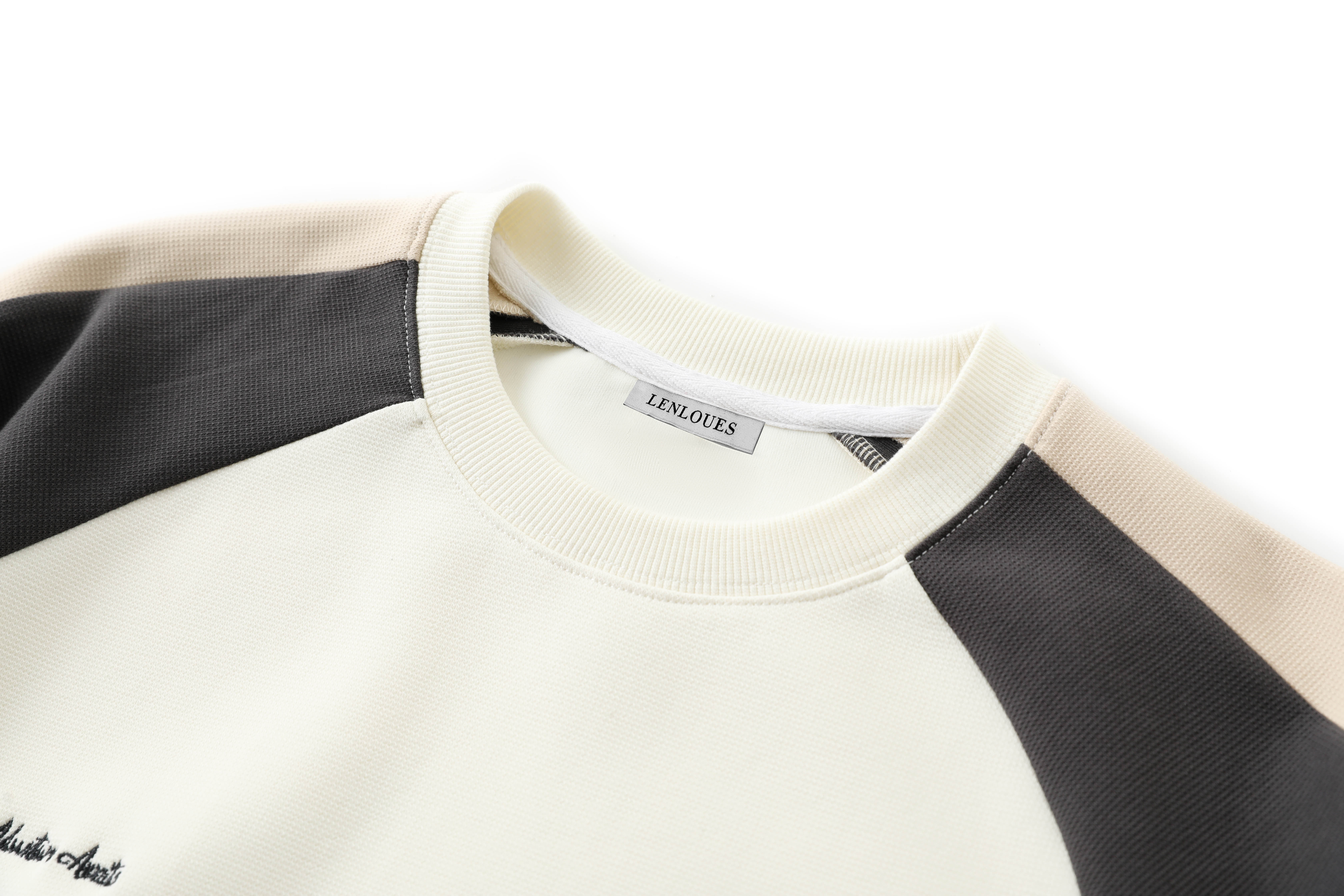 LENLOUES Men's Raglan Sleeve Crew Neck Sweatshirt - Beige & Black Color Block with Mountain Embroidery, Casual Outdoor Streetwear Top LNS-1012