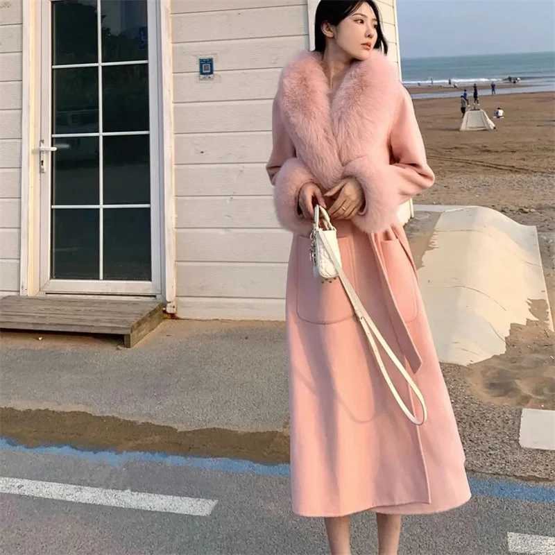 2025 Fox Fur Wool Overcoat Womens Long Coat Office Lady Elegant Doublesided Woolen Coat 2025 New Cardigan Jackets LooseT251101