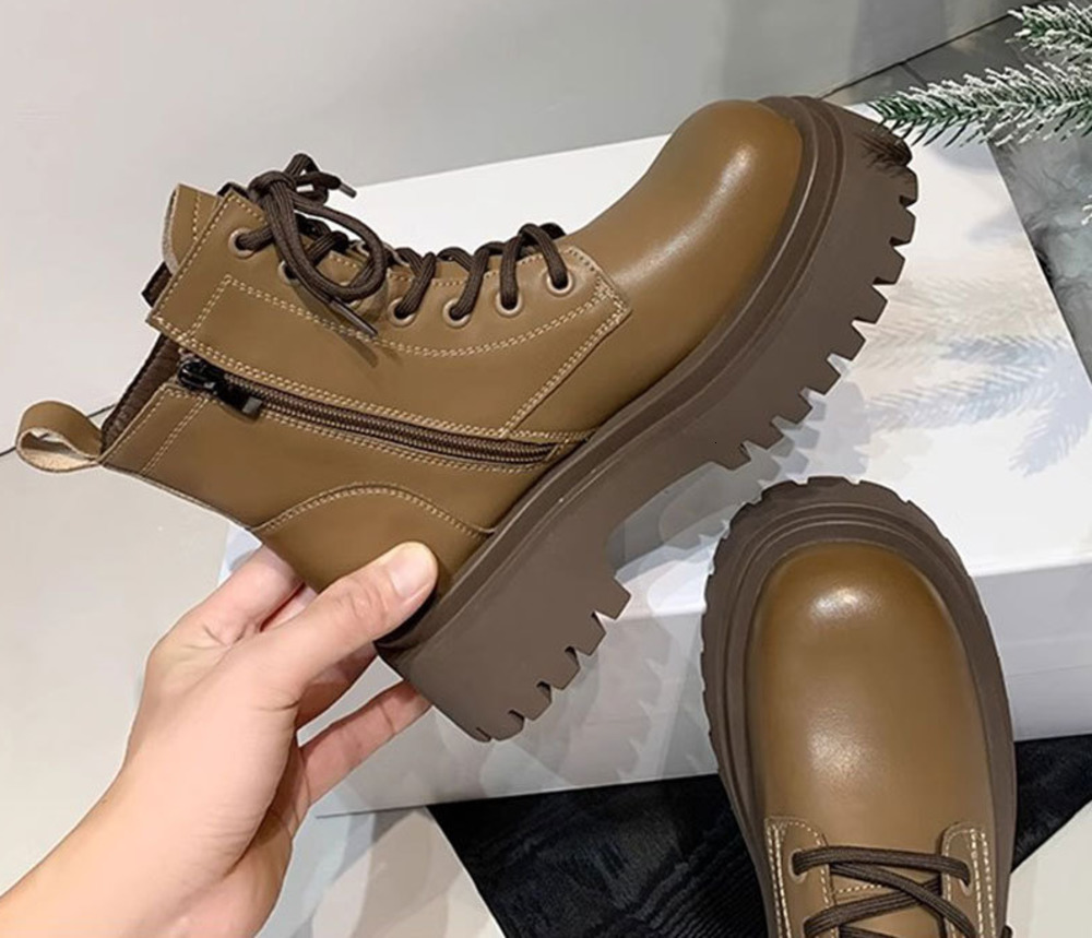 FleeceLined Thickened Snow Boots for Women Warm Large Cotton Shoes Autumn and Winter ThickSoled HeightIncreasing Genuine Leather Martin Short Boots 24