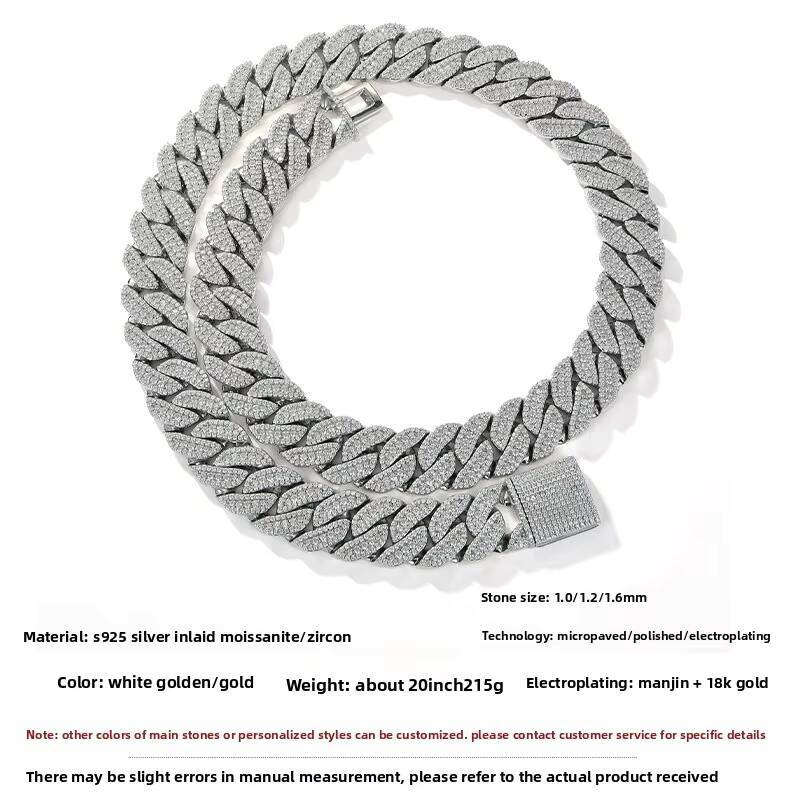 Mens ThreeRow Cuban Style Micro Paved 15mm Moissanite Necklace HipHop Personality Trendy