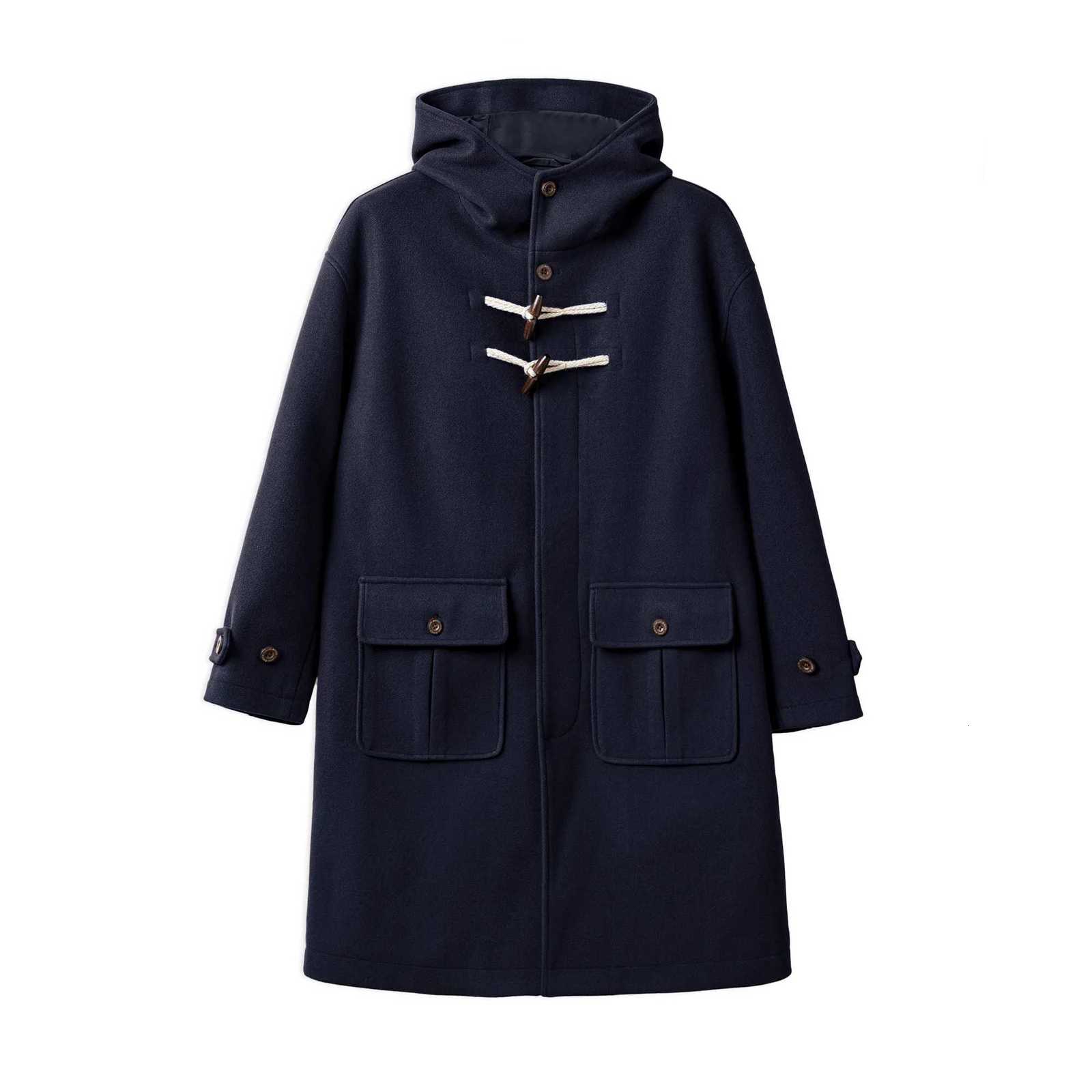 Maden Vintage College Style Horn Button Woolenlike Coat Midlength Loose Fit Commuter Hooded Thick Winter Jacket for WomenT251101