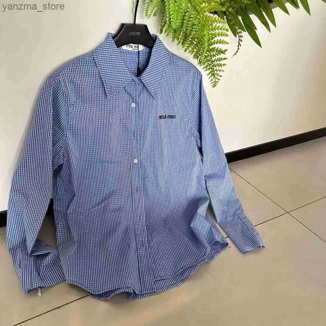 Women's T-Shirt MM Home 24ss New Fine Blue Checkered Shirt Fashionable and Versatile with Hairy Edge Cuff Design Fashionable and Simple Y250401ICN5