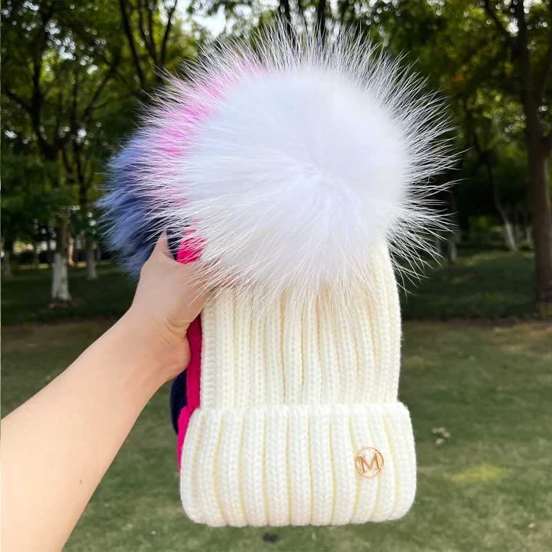 2023 Winter Female Natural Fur Pom Poms hat Winter Hat For Women Girl s Hat Knitted Beanies Cap Hat Thick Women SkulliesXJ251101