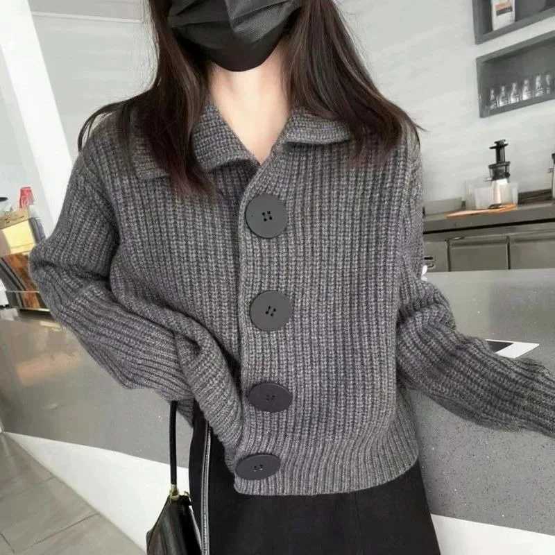 Loose Sleeve Elegant Korean Fashion Knit Cardigan for Women Chic Loose Fit with Large Buttons Lapel Collar Fall Winter ClothingT251101