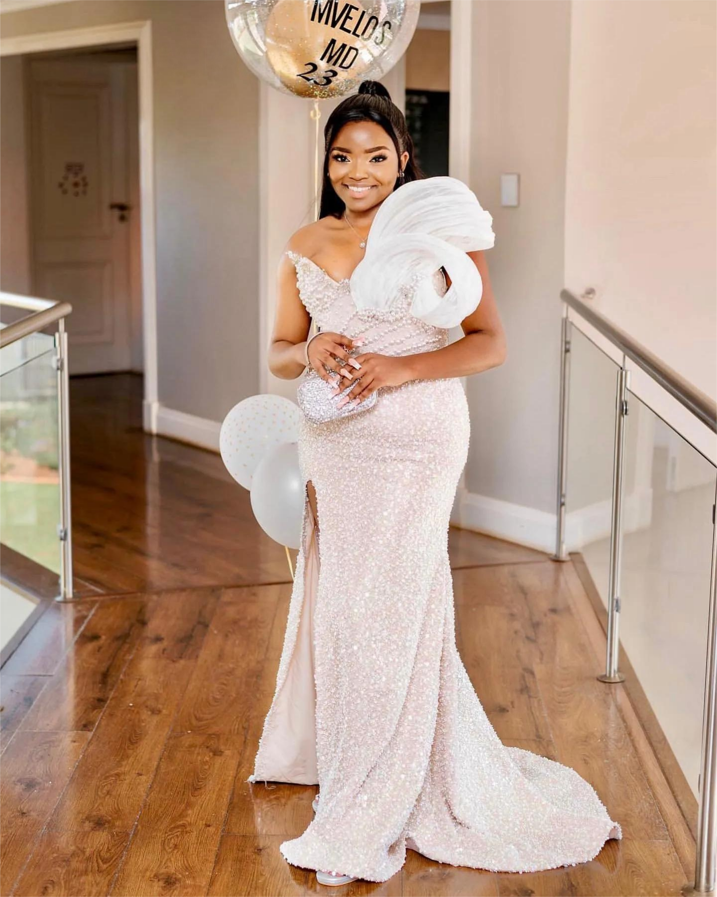 Ivory Mermaid Prom Dress Beaded Pearls High Split Evening Formal Party Second Reception Birthday Engagement Gowns Dresses Robe De Soiree