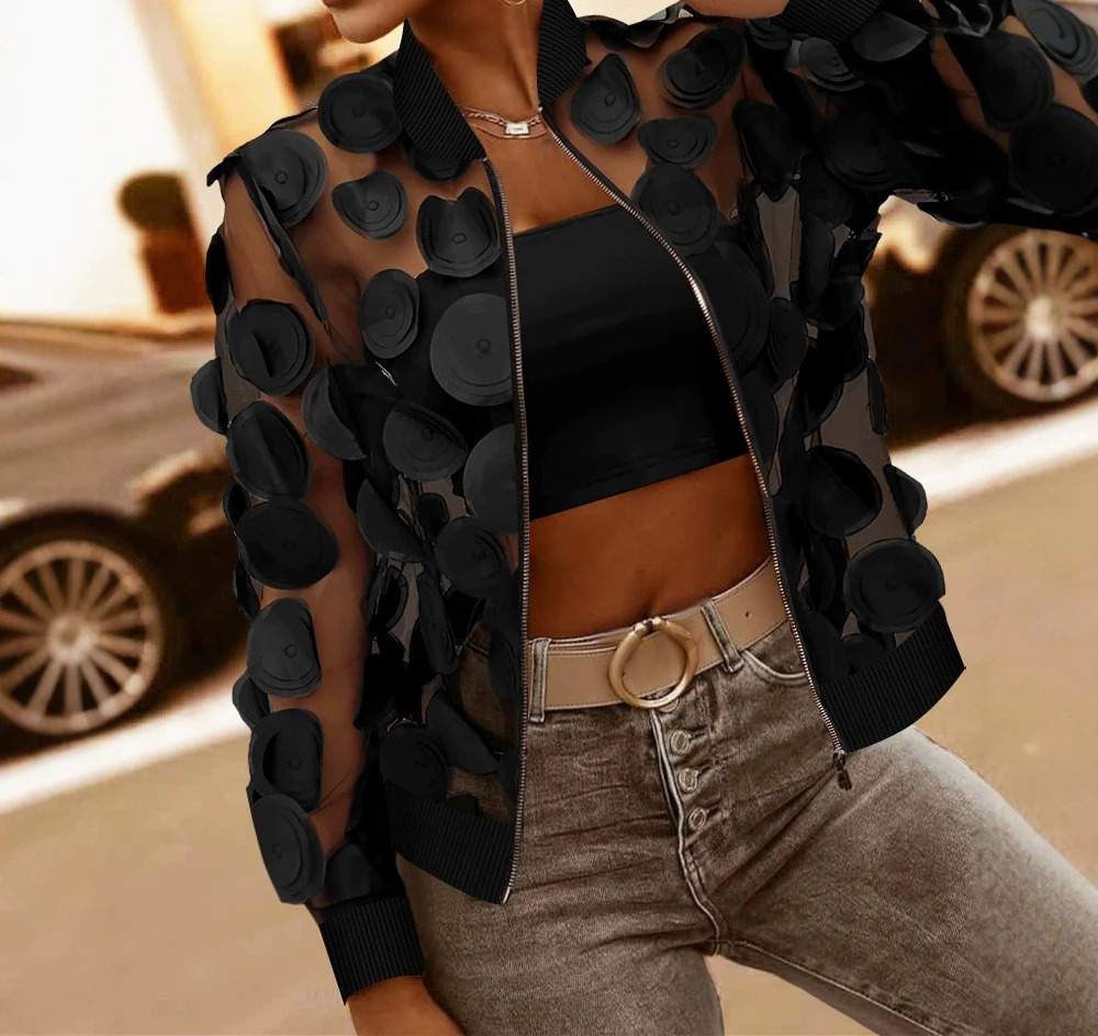 Cardigan Jacket Women Autumn Latest Floral Pattern Sheer Mesh Baseball Collar Zip Up See Through Jacket Open Front Coat 251029