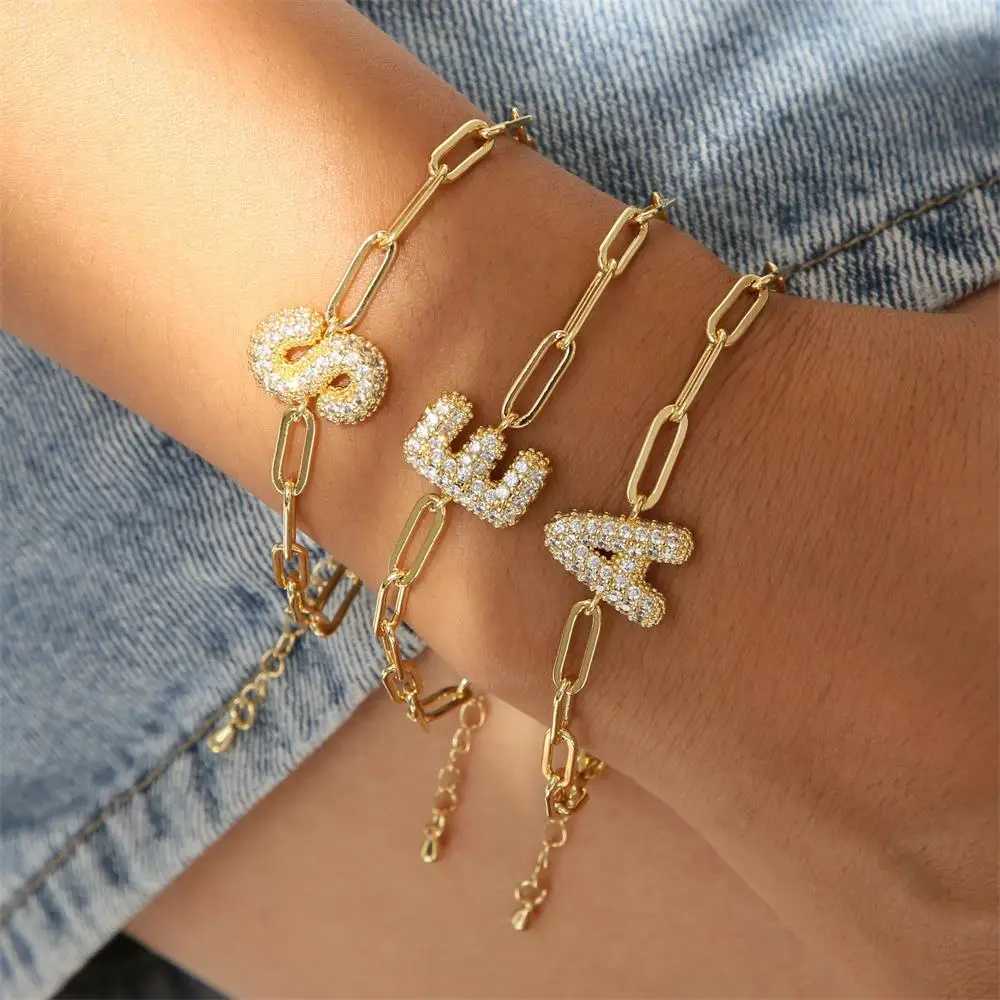 Punk Hip Hop Flash Rhine Stone Shaped Initial Letter Bracelet Stainless Steel Waterproof Zircon Bubble A-Z Letter Chain Bracelet Y250329
