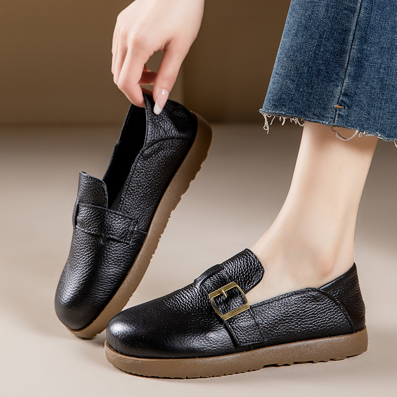 Cowhide Single Shoes for Women 2025 Spring New Collection Retro Flat Heel Versatile Bean Small Leather Shoes Casual