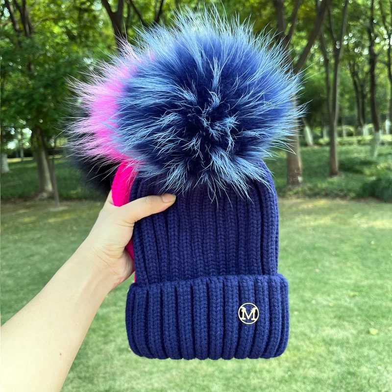 2023 Winter Female Natural Fur Pom Poms hat Winter Hat For Women Girl s Hat Knitted Beanies Cap Hat Thick Women SkulliesXJ251101
