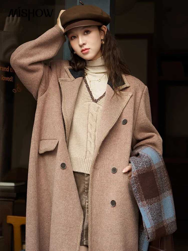 MISHOW Winter Wool Blend Woolen Coat for Women 2025 Fashion Double Sided Notched Collar Contrast Overcoat with Pocket MXC58W0187T251101