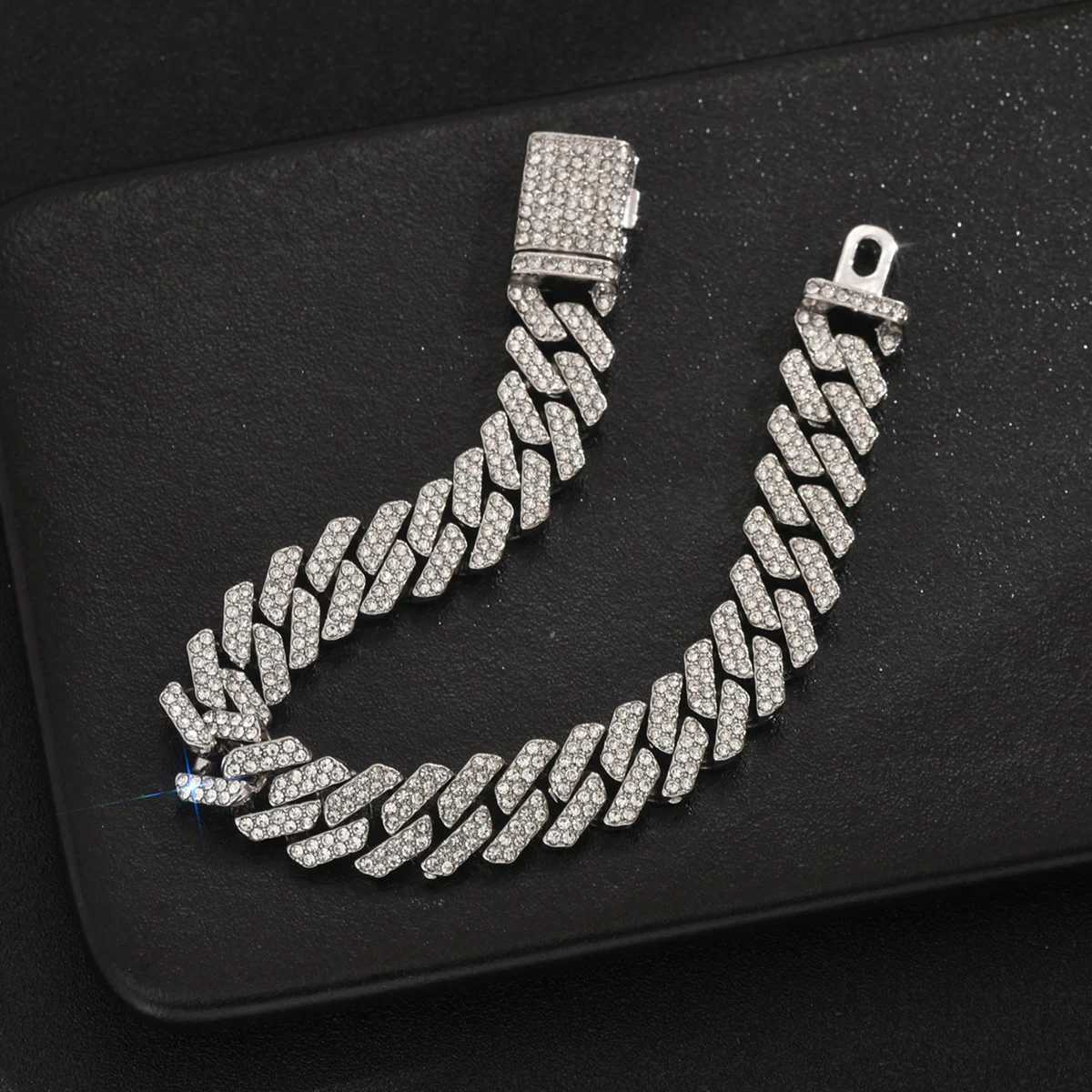 Hip Hop Cuban Bracelet Mens Full Gloss Crystal Stone Wide Two tone Bracelet Fashion Statement Jewelry Y250329