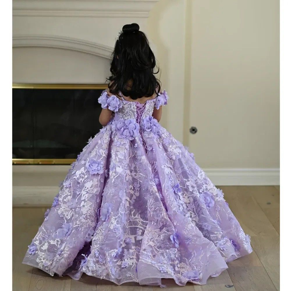 Princess Lanvender Flower Girls Dresses For Weddings 3D Floral Lace Appliques Birthday Party Kids Formal Wear Off The Shoulder Long Pageant Dress G12