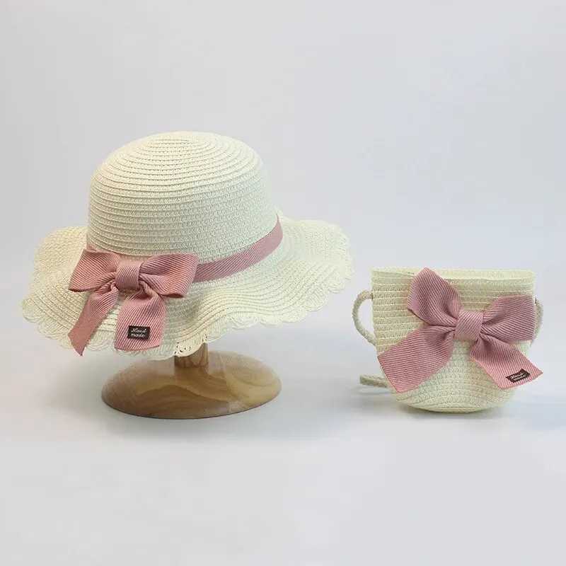 Children Straw Hat and Shoulder Bag Girls Summer Outdoor Beach Cap Cute Bow Travel Beach Sun Hat Crossbody BagC250411