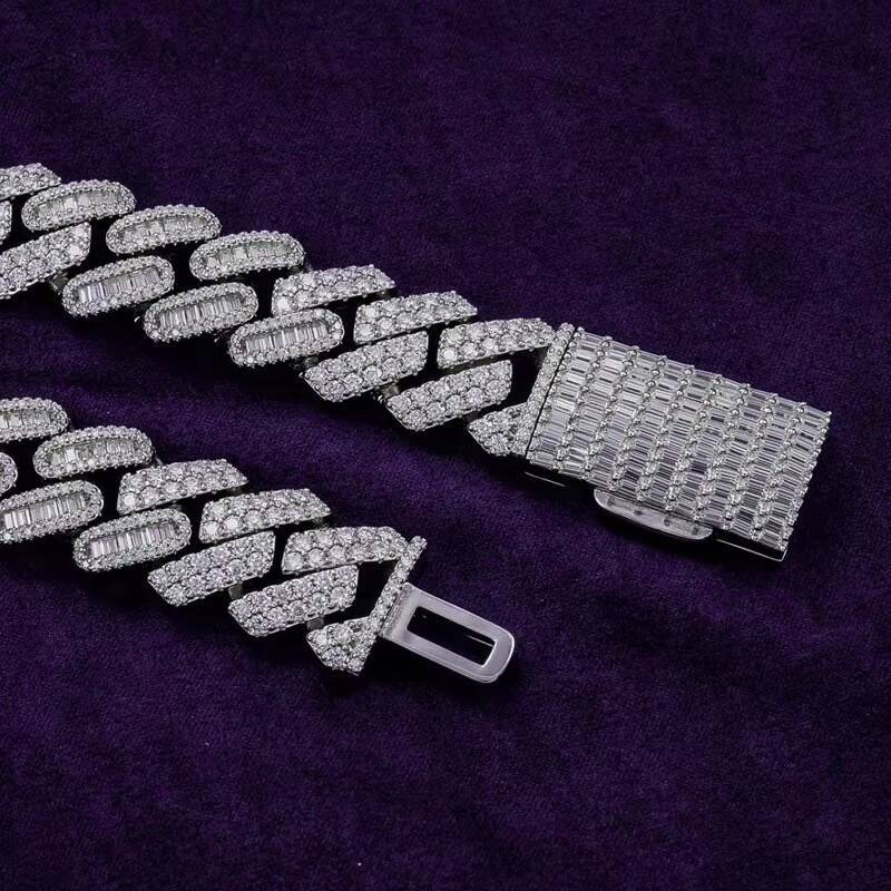 Pass Diamond Tester Hip Hop 15MM D Color Baguette Moissanite Mens Mixed Cut Cuban Link Chain With 925 Sterling Silver GRA