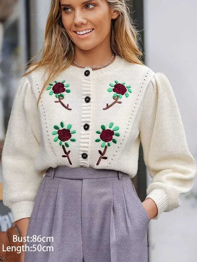 New Floral Embroidery Cardigan Long Sleeve Sweater O Neck Autumn Cute Flower Knitwaer Sweet Winter Casual Knitted Top ClothingT251101