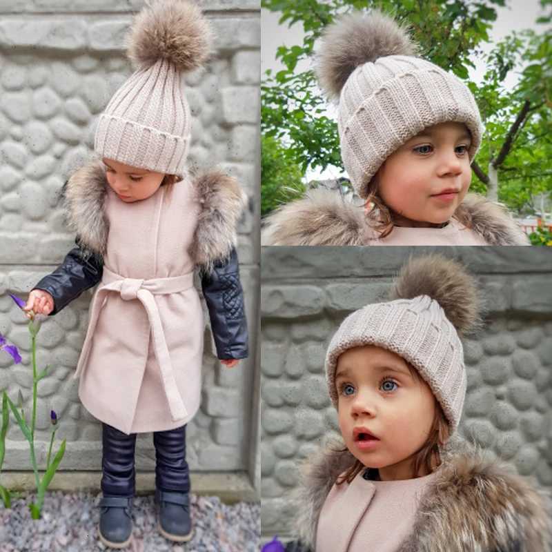 2023 Fashion Children Winter Real Fur Pompom Beanie Hat Scarf Warm Knitted Baby Hats For Kids Girls Boys Pom pom CapXJ251101