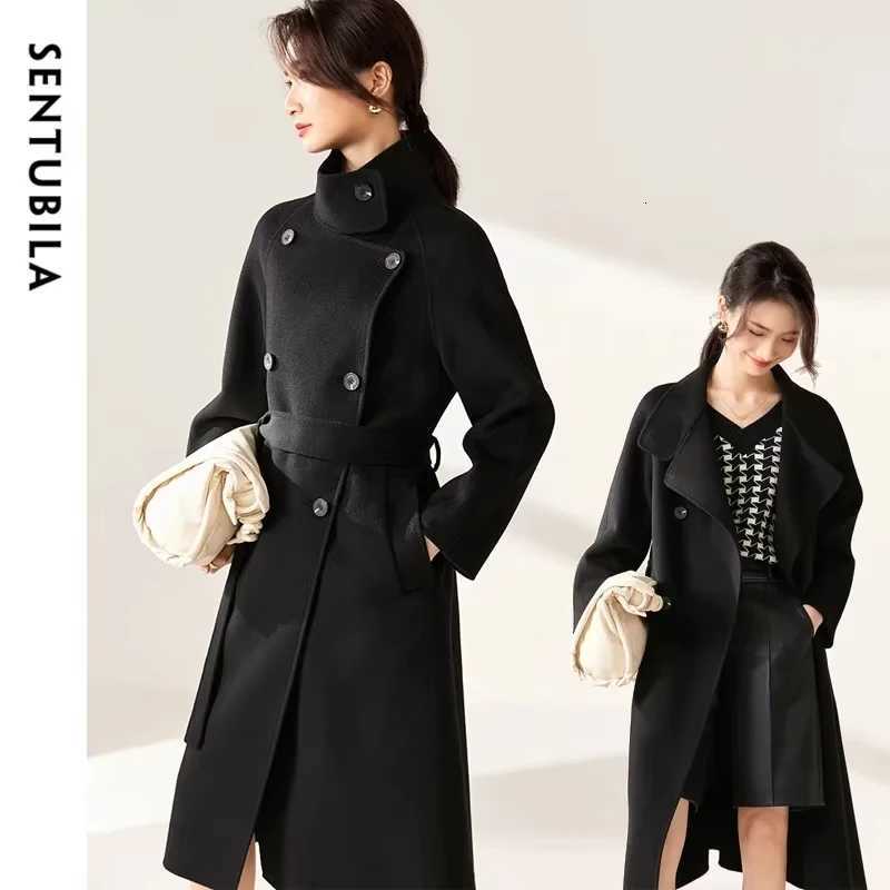 SENTUBILA Womens Long Woolen Overcoats 2025 Winter Outerwear Elegant Turtleneck Warm Double Breasted Belt Wrap Coat W24O42064T251101