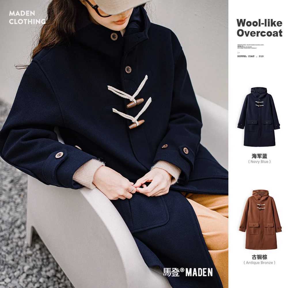 Maden Vintage College Style Horn Button Woolenlike Coat Midlength Loose Fit Commuter Hooded Thick Winter Jacket for WomenT251101