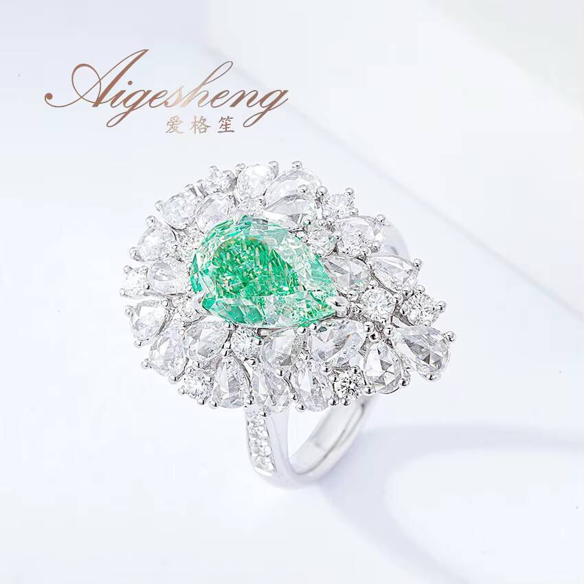 Aigesheng rare Natural Water Drop Green Diamond and Natural White Diamond with GIA Certificate 18K Real Gold Made Ring