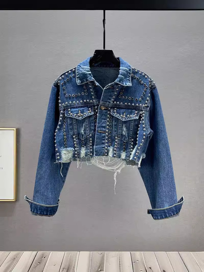 Mens Womens Vintage Rhinestone Denim Jacket Y2K Clothes Harajuku Gothic Pockets Retro Blue Oversized Jacket Fashion Casual Coats 250228