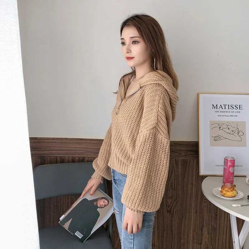 Autumn and Winter New Womens Clothing Hooded Solid Color Lantern Sleeve Cardigan Sweater Fashion Zipper Loose Casual KnitwearT251101