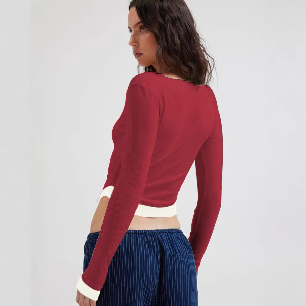 New Y2K American spicy girl pure desire style autumn long sleeved contrasting splicing square neck exposed navel short top T-shirt