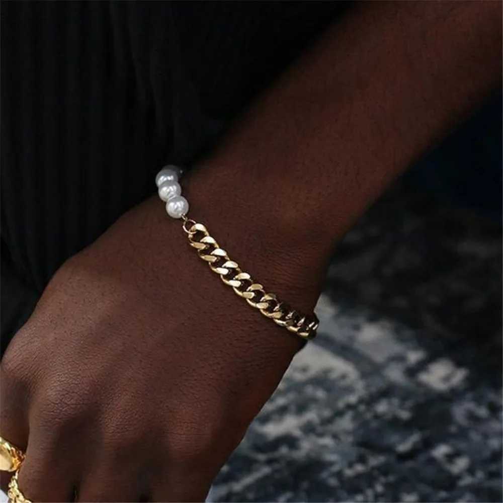 Simple stainless steel pearl splicing bracelet silver mens Cuban chain bracelet retro party jewelry mens fashion accessories Y250329
