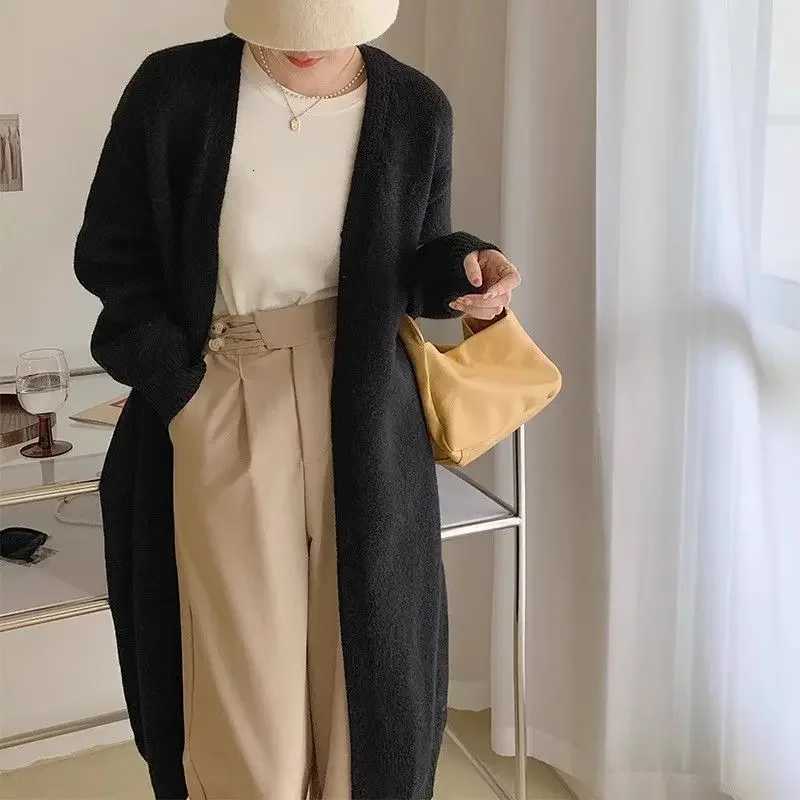 New minimalist and versatile autumn long knitted cardigan for women with a lazy style over the knee Vneck thick sweater jacketT251101