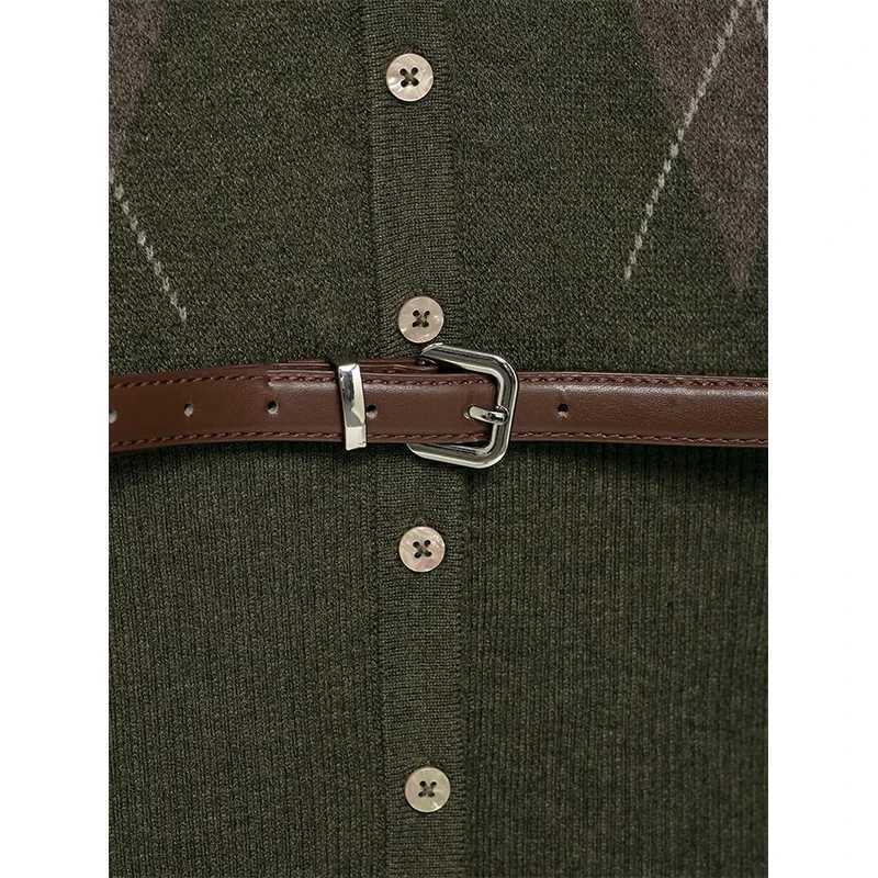 Womens Knit Cardigan Sweater Autumn Winter Fashion Argyle Belt Sweaters Vintage Female Outerwear Chic TopsT251101