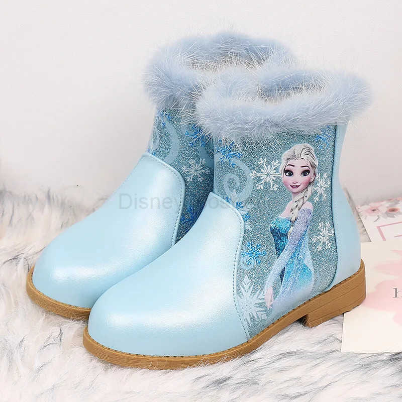 Disney Girls Boots Winter Fashion Frozen Elsa Princess Childrens Short Girls Cotton Fur Ankle Boots Girls Pink Shoes Size 25 H251101