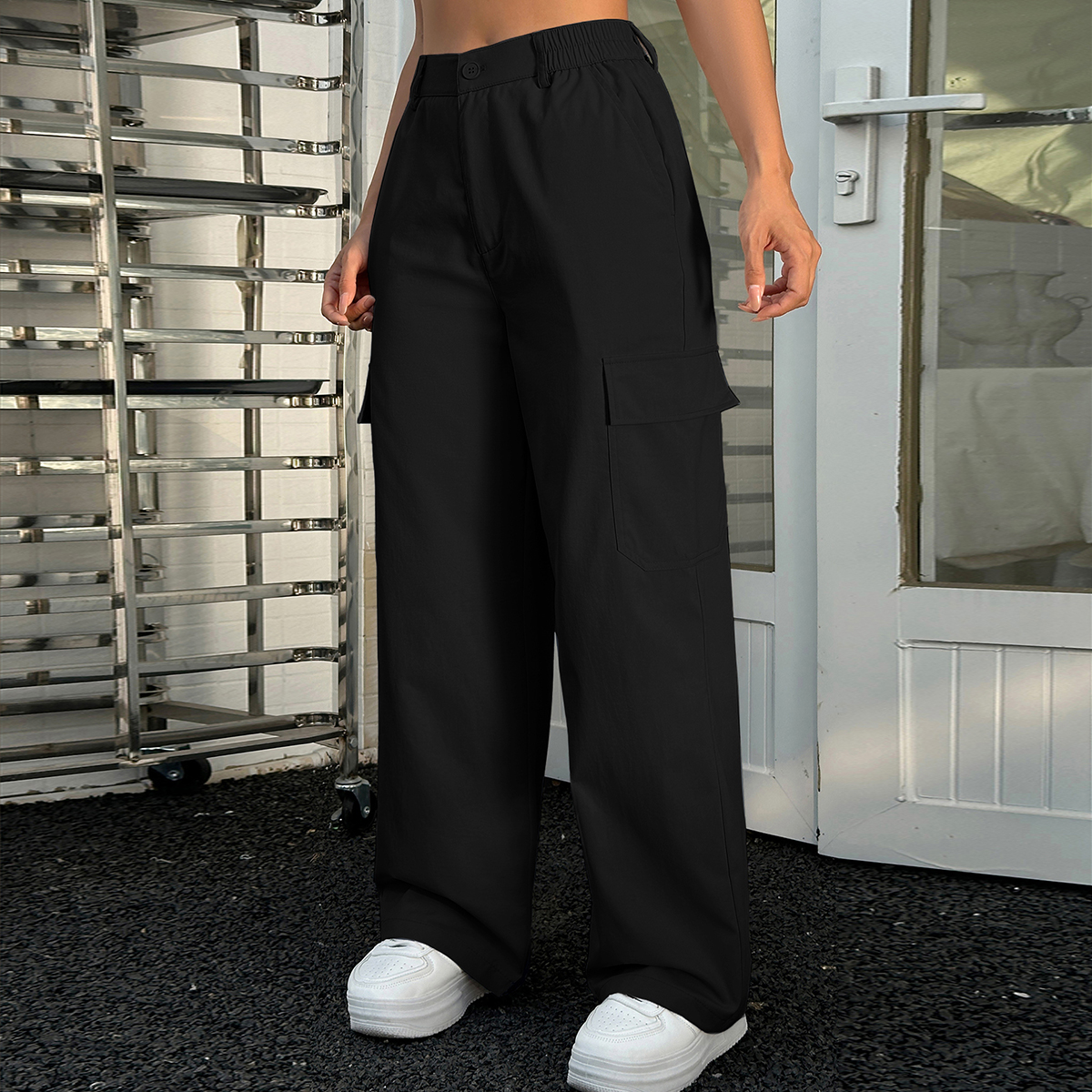 American Vintage Style Womens Cargo Pants - Stretchy Polyester Wide Leg with Side Pockets, Available in Soft Apricot & Classic Black--102