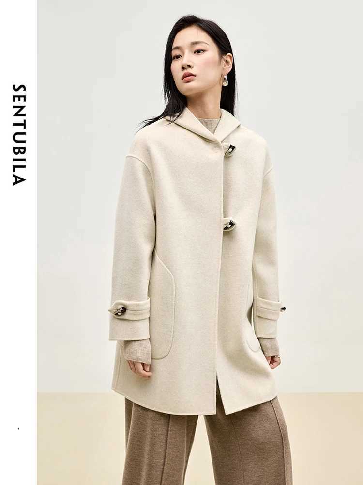 SENTUBILA Double Sided 100 Woolen Coat 2025 Winter Midlength Straight Bull Horn Buckle Female Hooded Outwear W44O55979T251101
