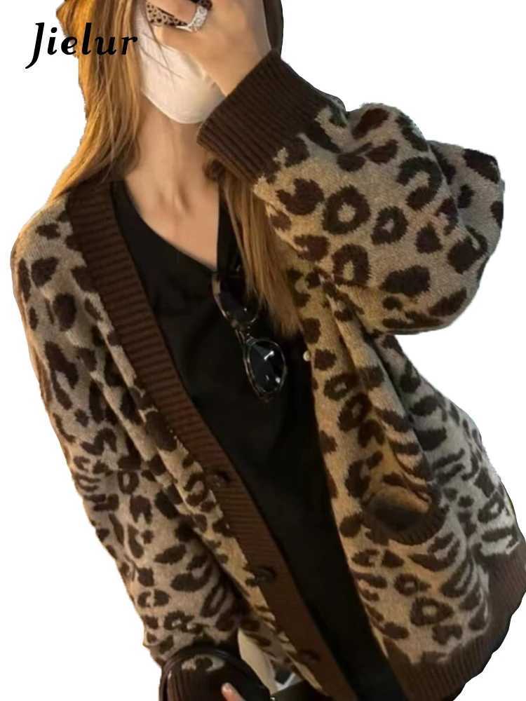 New Chic Leopard Print Contrast Color Loose Simple Women Cardigans Autumn Fashion Single Breasted Vintage Soft Female CardigansT251101